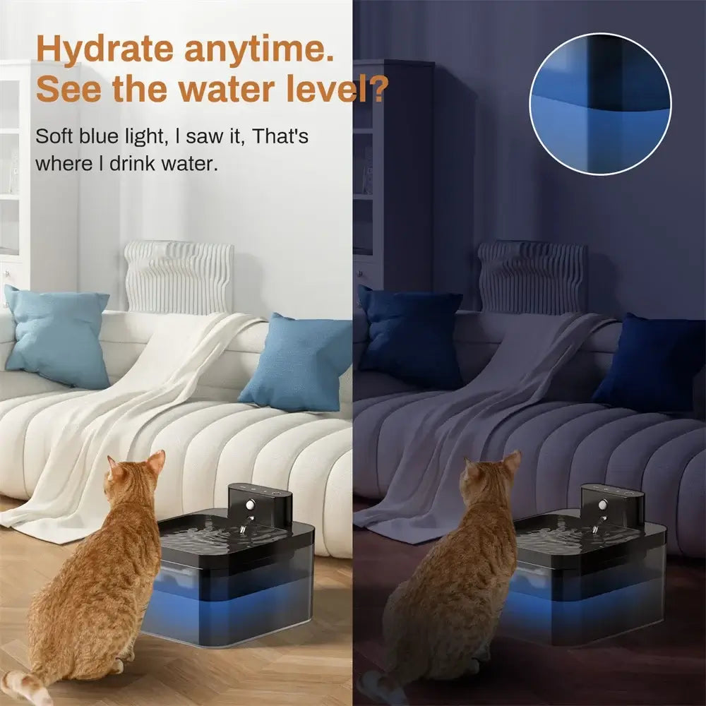 automatic cat water fountain with visible water level and soft blue light for cats and dogs, 2.2L wireless pet dispenser