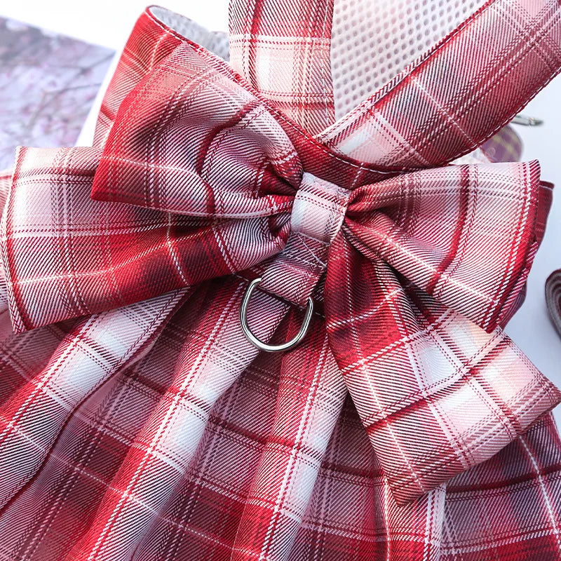 plaid pet dress with leash red plaid bow dog and cat dress for small pets fashion kitten clothing