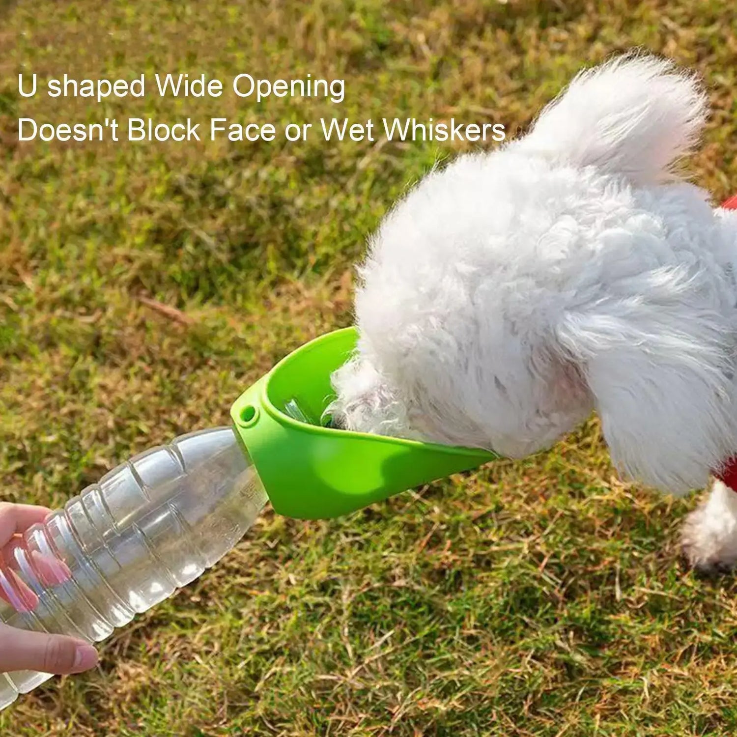portable dog water bottle for outdoor walks, foldable U-shaped wide opening keeps face and whiskers dry