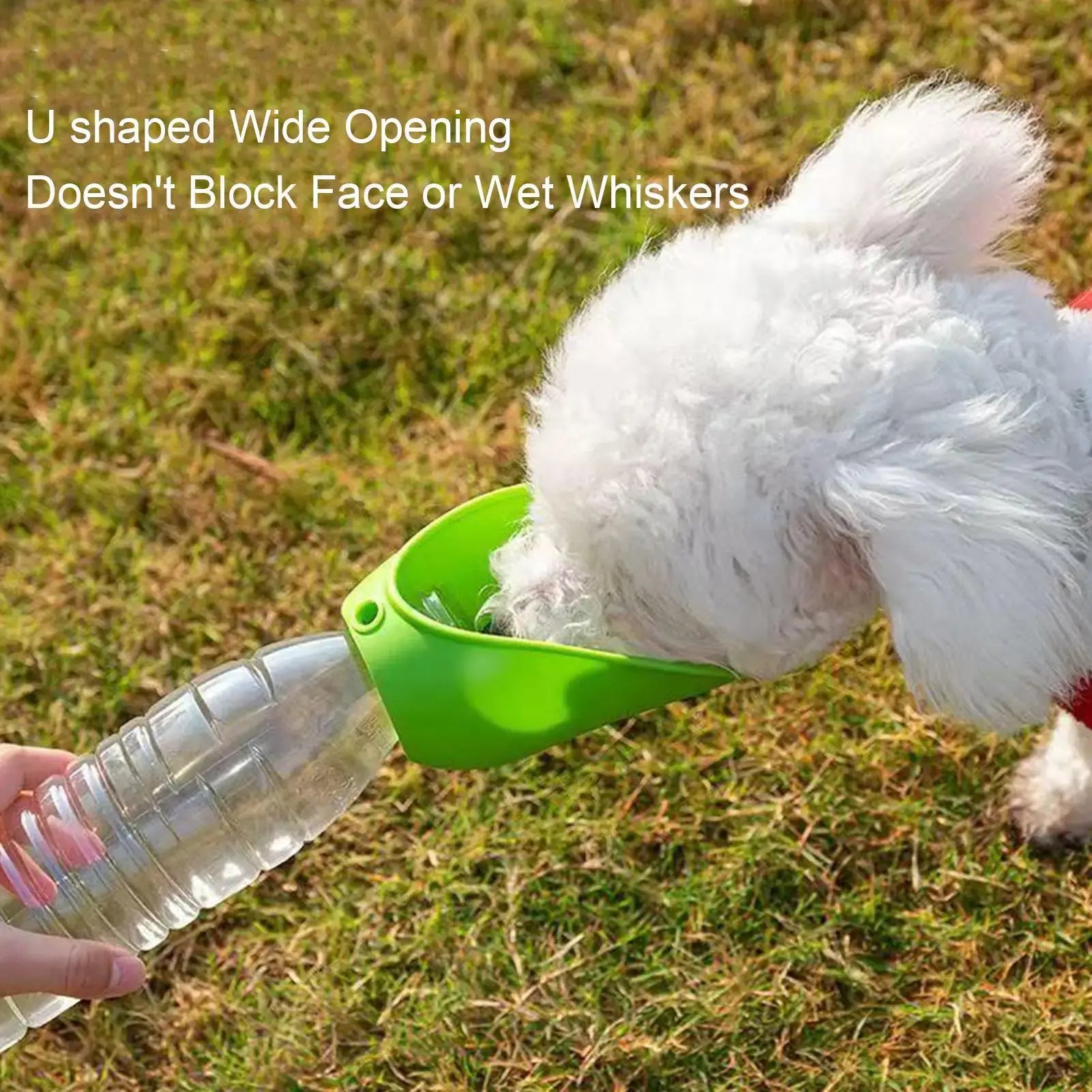 portable dog water bottle for outdoor walks, foldable U-shaped wide opening keeps face and whiskers dry