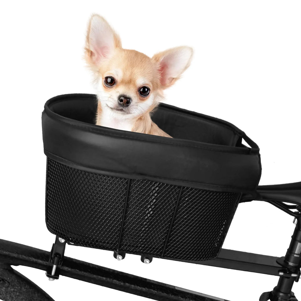 Dog Bike Basket Mountain Bike Shopping Basket Portable Cat Dog Carrier for Bike Front Crossbar with Sponge Liner Safety Strap