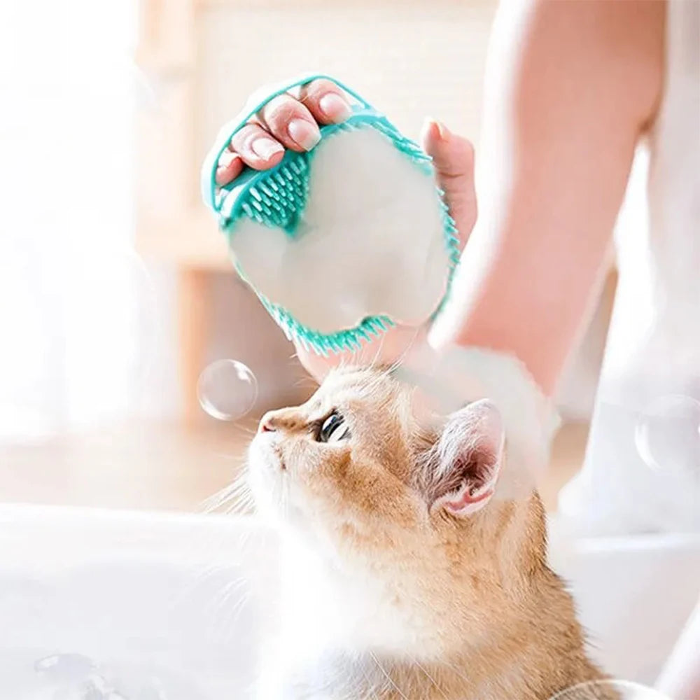 silicone pet bathing brush for cat grooming, soft shampoo dispensing massager glove for gentle bath cleaning