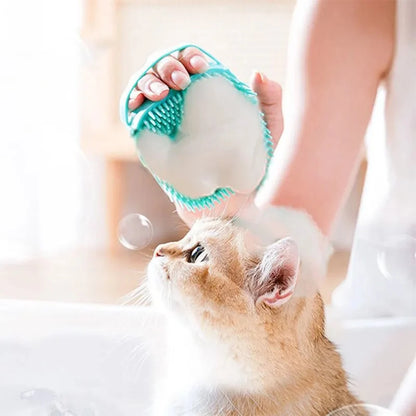 silicone pet bathing brush for cat grooming, soft shampoo dispensing massager glove for gentle bath cleaning
