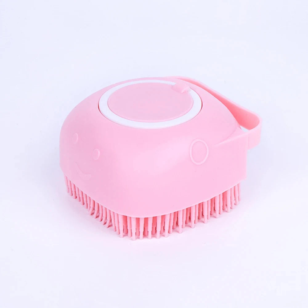 Pink silicone pet bath massage gloves with soft bristles for dogs and cats, shower gel dispenser, 77g