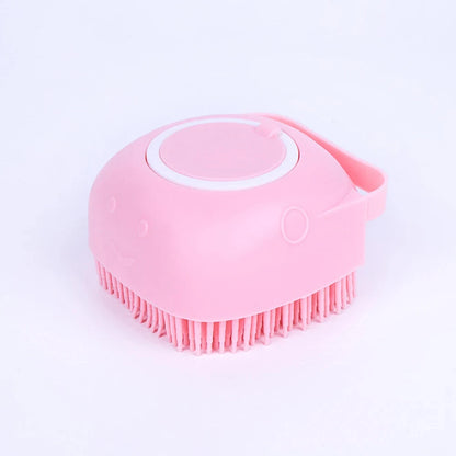 Pink silicone pet bath massage gloves with soft bristles for dogs and cats, shower gel dispenser, 77g