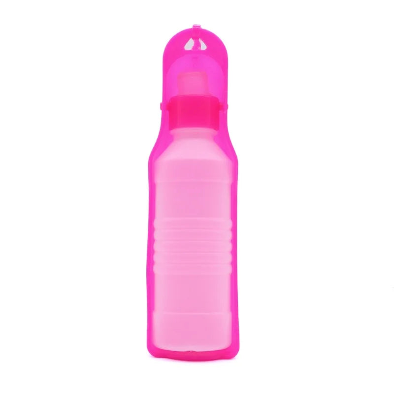 Pink portable dog water bottle for travel, 250ml plastic feeder dispenser for small and large dogs, puppies, and cats