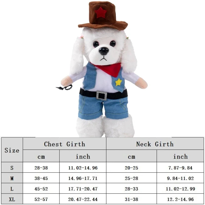 White dog wearing cowboy costume with hat, red bandana, and size chart for chest and neck girth.