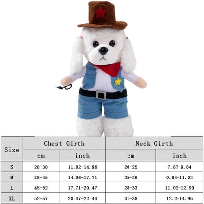 White dog wearing cowboy costume with hat, red bandana, and size chart for chest and neck girth.