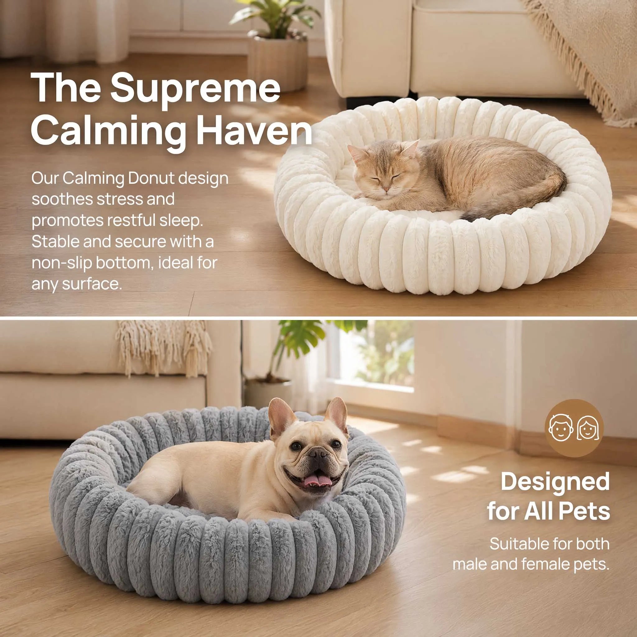 Plush donut cat bed with soft raised bolster for calming sleep, ideal for cats and small dogs in cozy indoor spaces