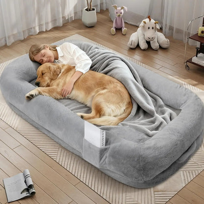 human dog bed for adults, light grey 71-inch orthopedic plush bed with removable cover and sleeping woman