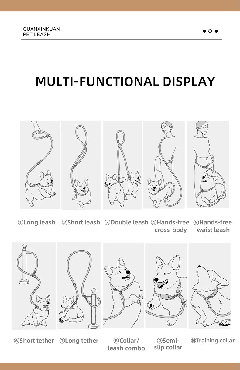 Multi-functional hands free dog leash for medium and large dogs, braided nylon traction rope with double buckle and quick release