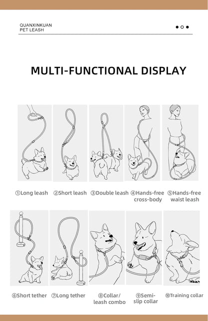 Multi-functional hands free dog leash for medium and large dogs, braided nylon traction rope with double buckle and quick release