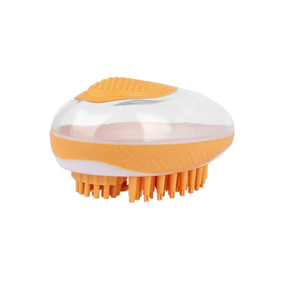 Orange shampoo dispenser dog bath brush with soft silicone bristles, portable 2-in-1 pet grooming and massage comb
