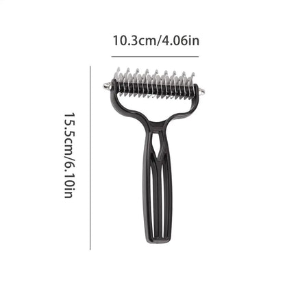 Black pet deshedding brush with stainless steel double cutters, 15.5cm grooming rake for dogs and cats, 10.3cm wide