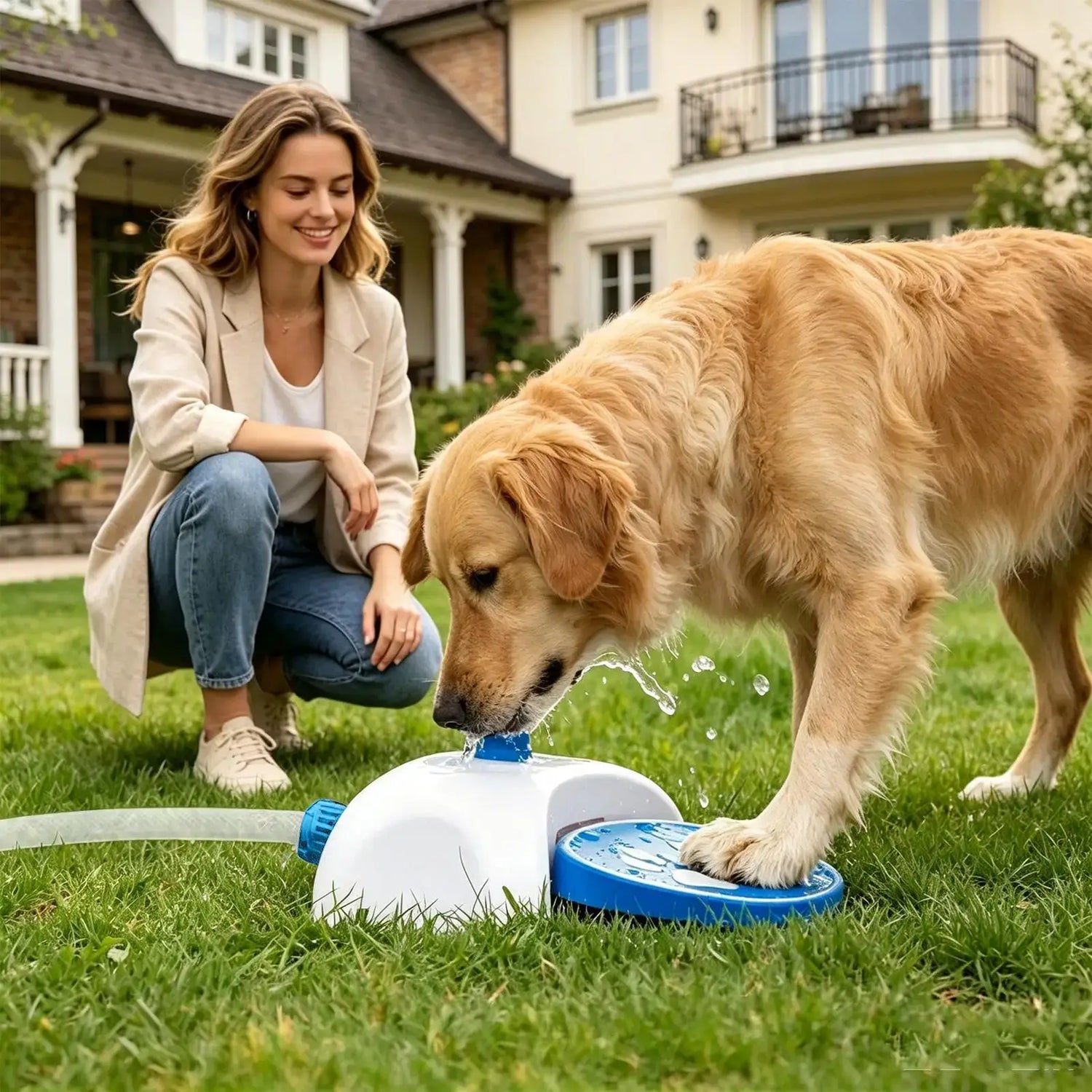 step on dog water fountain with 162cm hose, paw pedal drinking dispenser for dogs and cats in patio garden yard