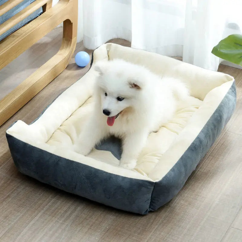 Fluffy puppy resting in an all-season pet bed house with soft cushioned sides for cozy indoor comfort