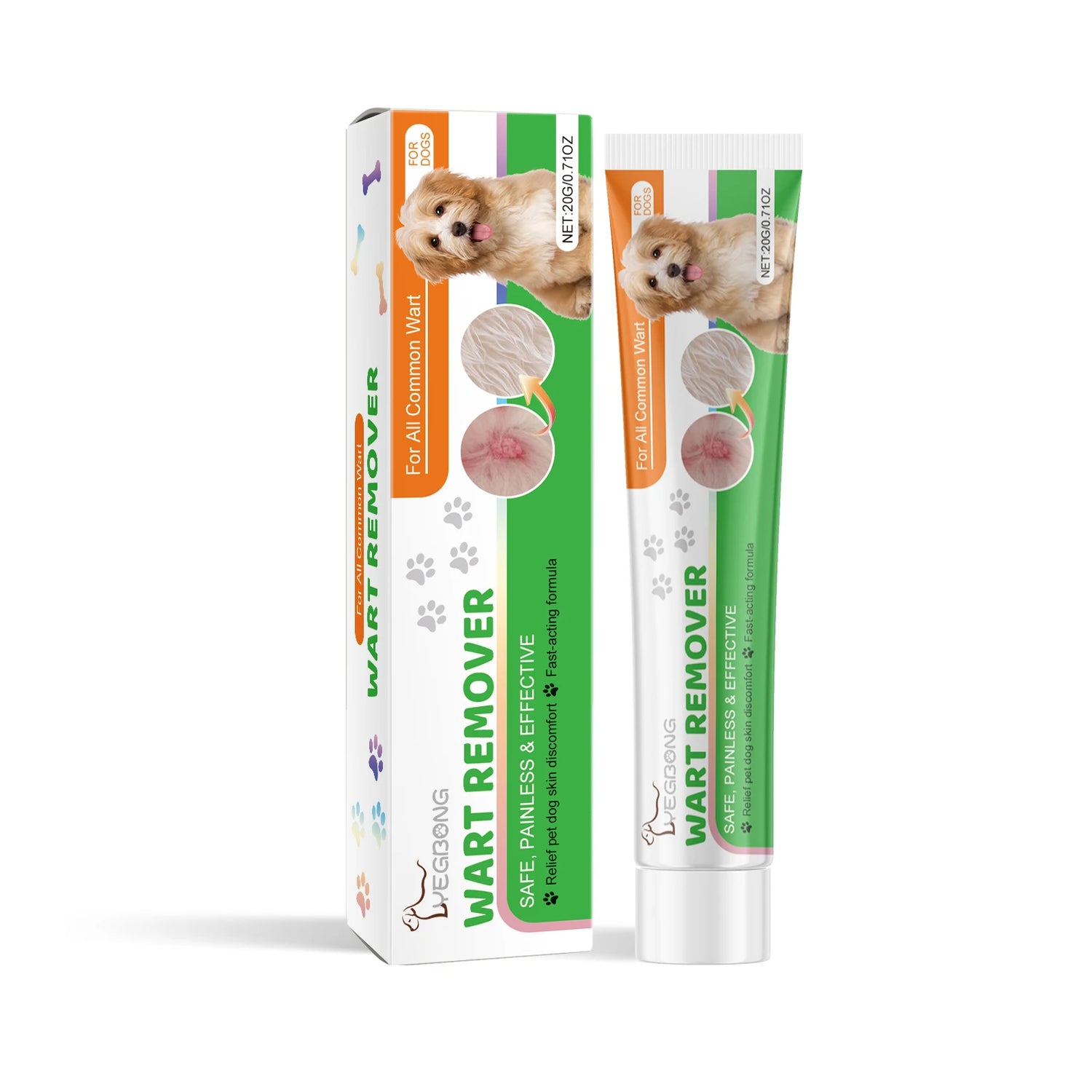 Dog wart remover cream with box showing pet care product for removing common warts on dogs.