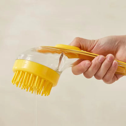 pet bath brush with shampoo dispenser, soft silicone long handle grooming brush for gentle pet cleaning and massage