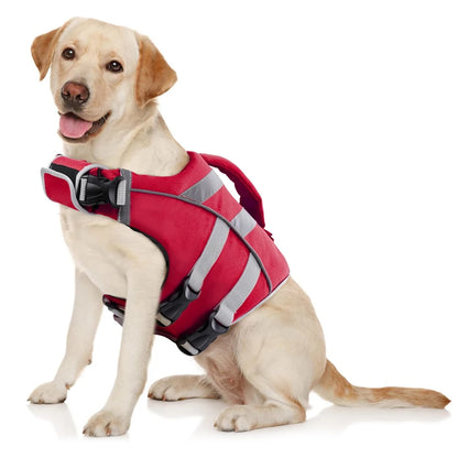 waterproof dog life jacket for dogs with reflective stripes and extra handle, red safety vest for water adventures