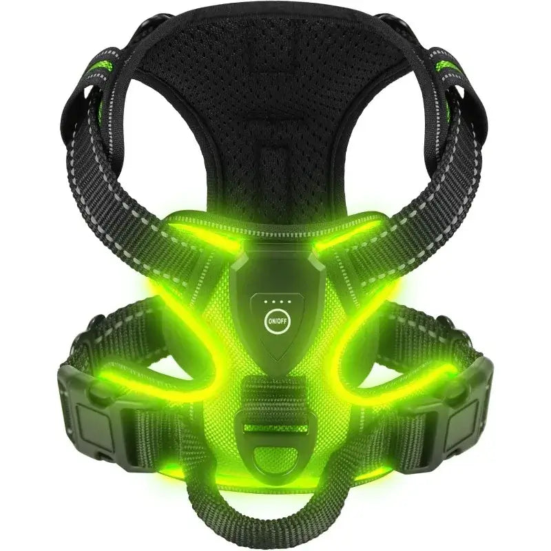 Green LED dog harness for night walking, rechargeable luminous vest harness with 3 light modes, nylon slip-on safety harness