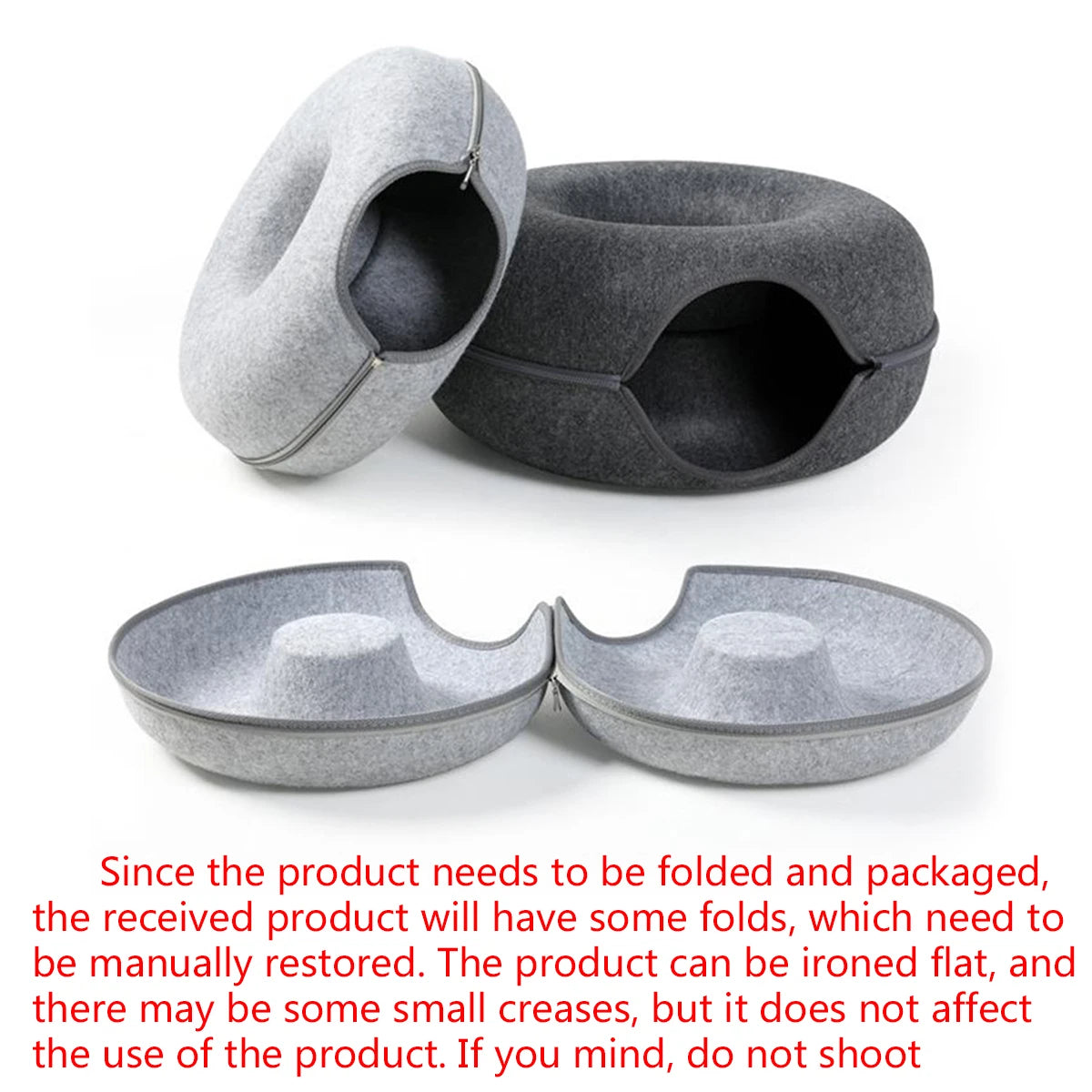 round cat tunnel bed for cats, cozy donut nest and sleeping cushion with tunnel opening, foldable pet house scratcher