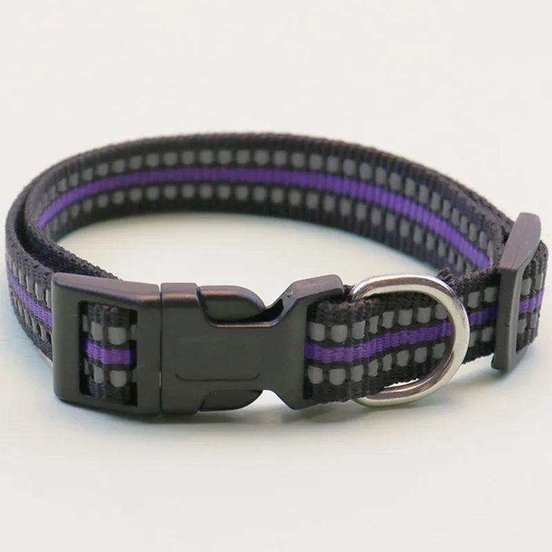 Purple reflective dog collar, adjustable 1.5x24-40cm nylon striped pet collar for dogs and cats