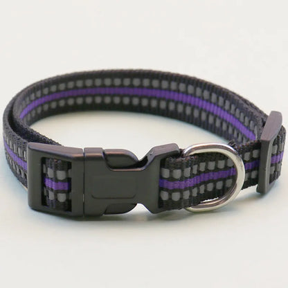 Purple reflective dog collar, adjustable 1.5x24-40cm nylon striped pet collar for dogs and cats