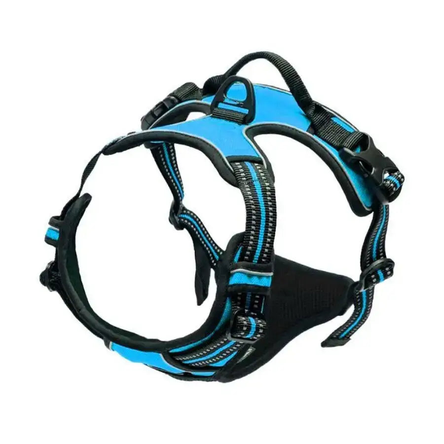 Blue no pull dog harness with reflective nylon vest, front clip, handle, and buckle for medium to large dogs