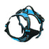 Blue no pull dog harness with reflective nylon vest, front clip, handle, and buckle for medium to large dogs