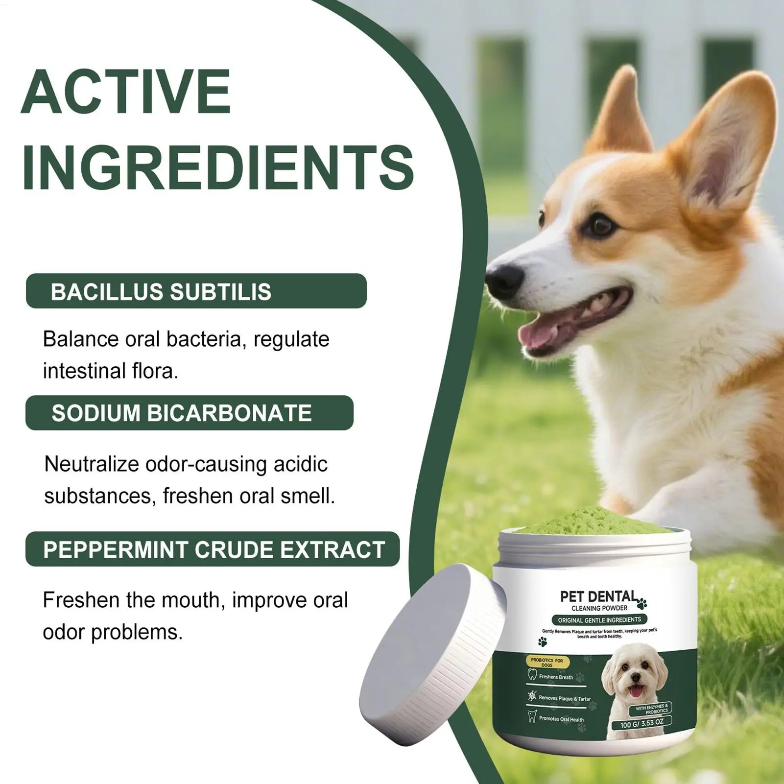 dog teeth cleaning powder with active ingredients for fresh breath, plaque removal, and daily oral care for dogs