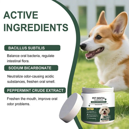 dog teeth cleaning powder with active ingredients for fresh breath, plaque removal, and daily oral care for dogs