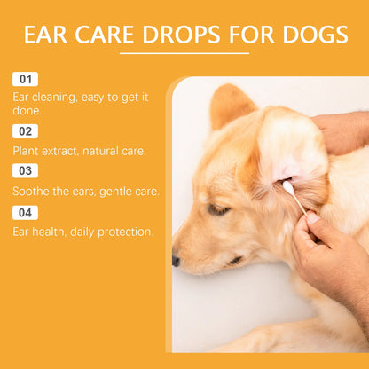 Dog ear cleaning with cotton swab, promoting ear care drops for dogs, gentle grooming