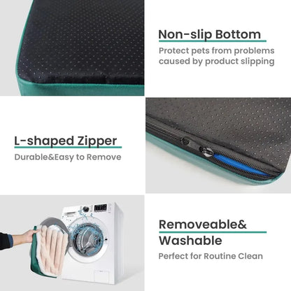 calming dog bed with non-slip bottom, L-shaped zipper, and removable washable cover for easy cleaning