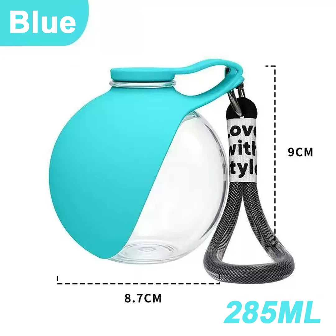 Blue portable dog water bottle with bowl, 285ml compact hydration cup for outdoor walking, hiking, and travel
