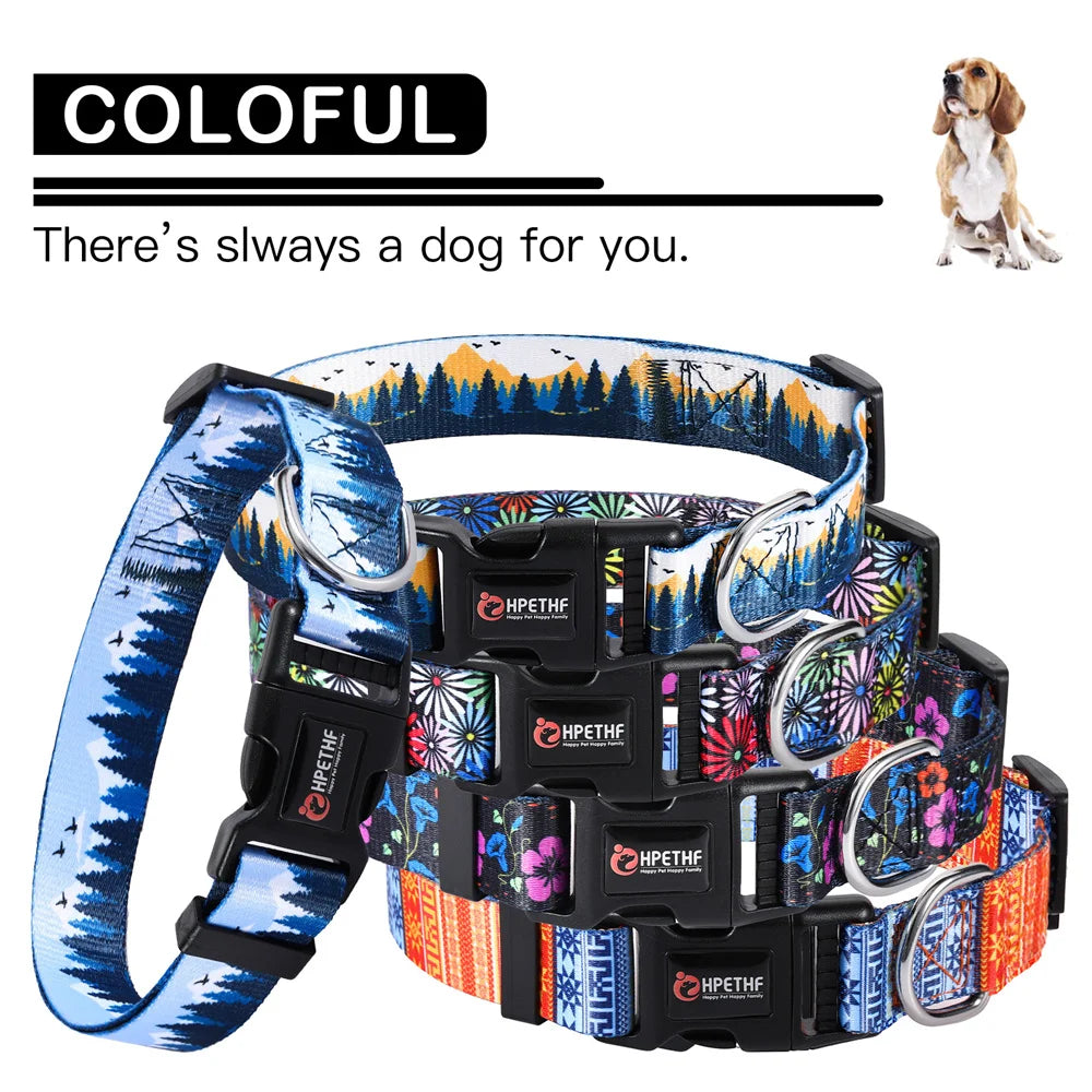 adjustable nylon dog collar with colorful printed pattern, metal D ring, durable collar for medium and large dogs
