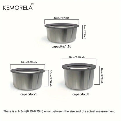 Stainless steel dog bowls in 1.6L, 2L, and 3L sizes with measurements shown.