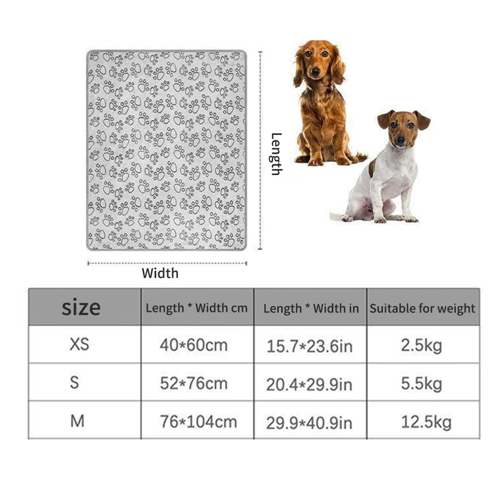 washable winter dog blanket for indoor pets, grey paw-print mat, size chart for small to medium dogs