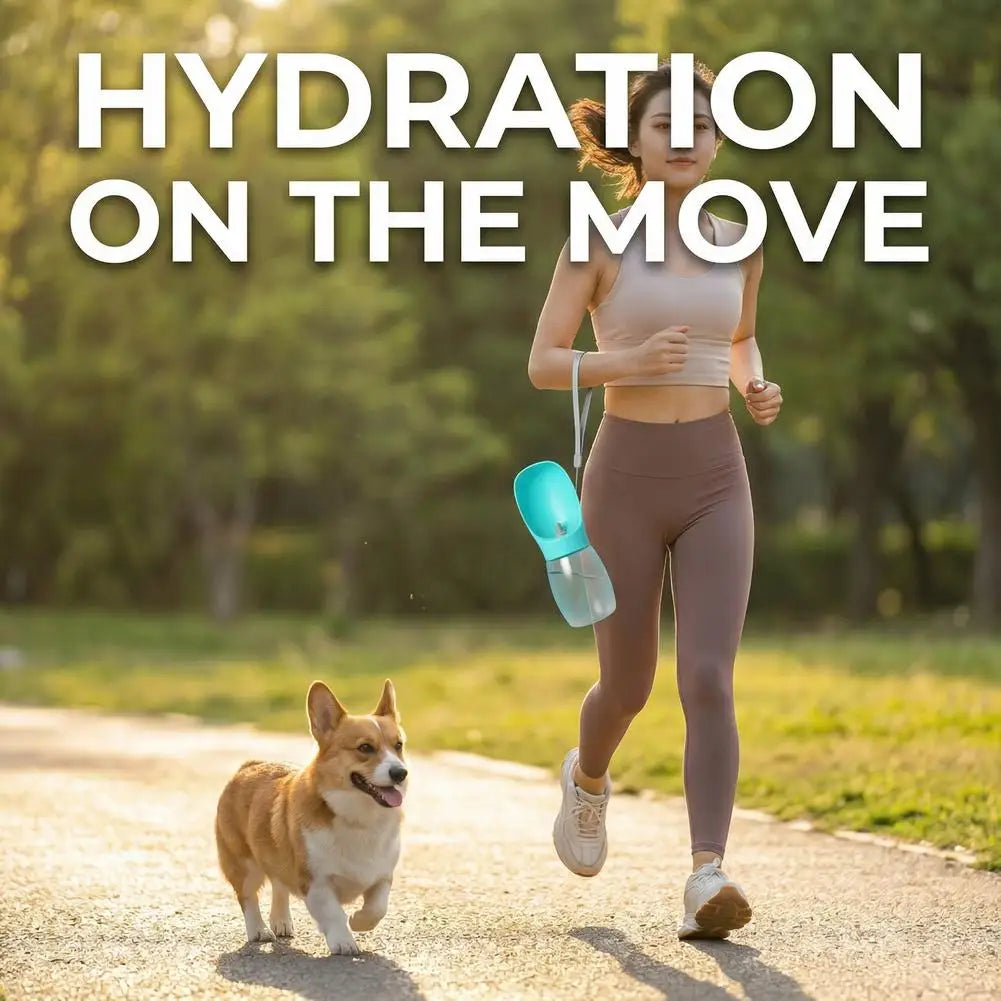portable dog water bottle for outdoor walks, with woman jogging beside a corgi and text "Hydration on the Move"