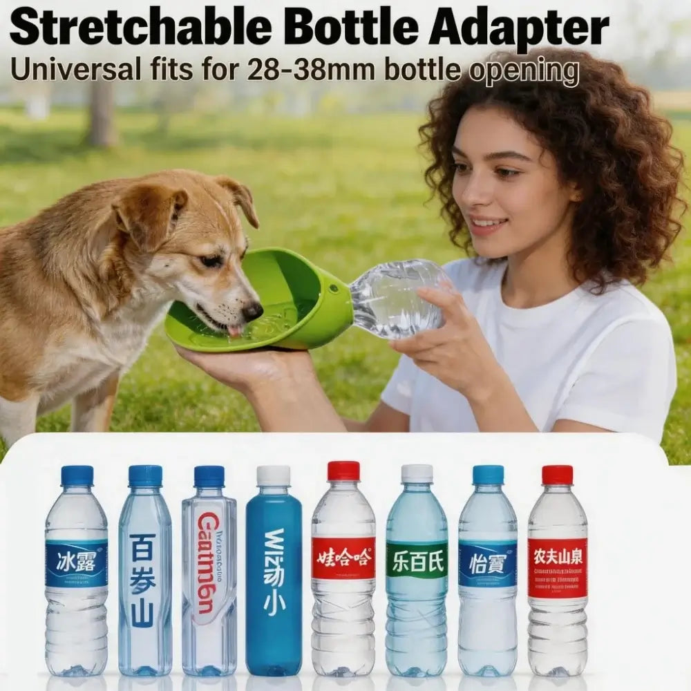 Portable dog water bottle for outdoor walks and hikes, leak-proof pet dispenser with stretchable bottle adapter