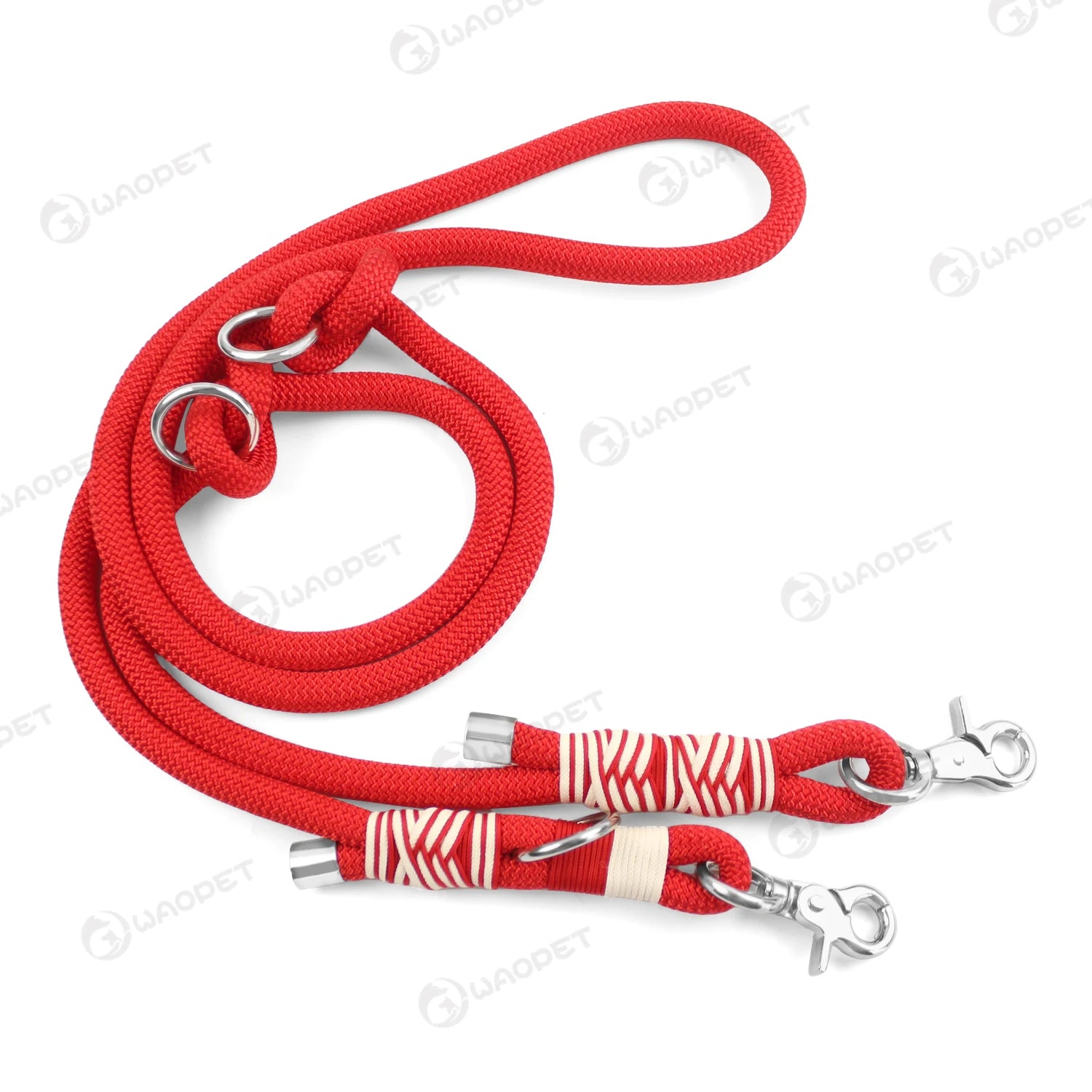 Red hands free dog leash 1x200cm for medium and large dogs, braided nylon traction rope with double buckle