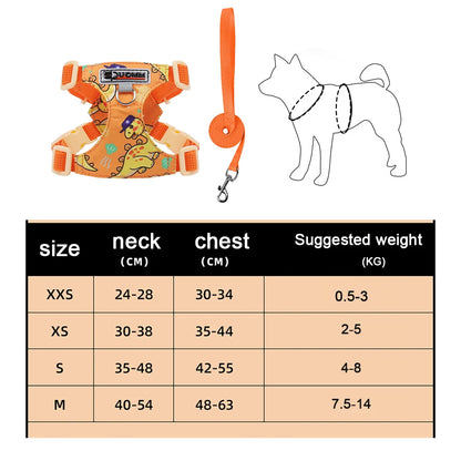 Puppy print dog harness and leash set with adjustable soft padded vest for small and medium dogs, size chart included