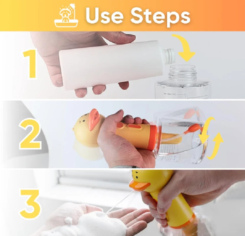 dog shampoo sprayer use steps showing refill, mix, and foaming soap application for pet bathing