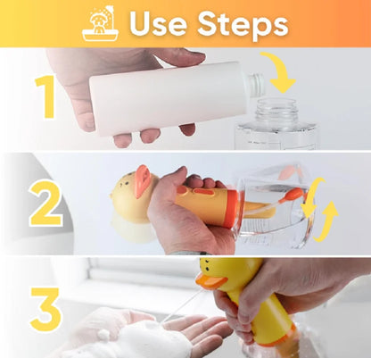 dog shampoo sprayer use steps showing refill, mix, and foaming soap application for pet bathing