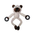 Plush bear dog toy with striped body, dark paws, and rubber chew rings on each arm