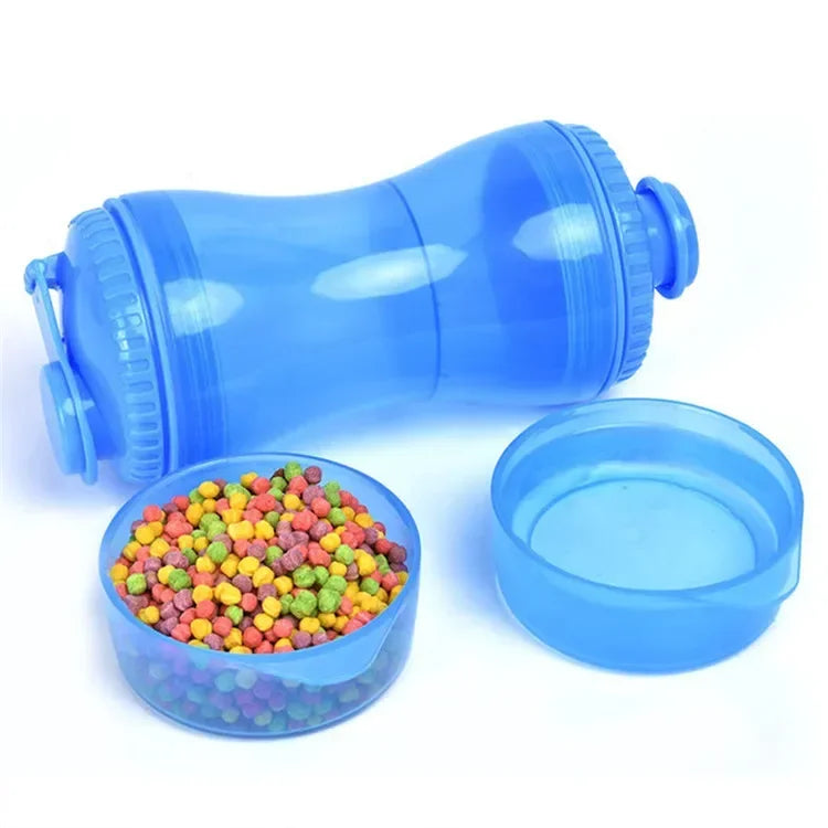 Blue portable dog water bottle with separate food and water bowls, colorful kibble inside