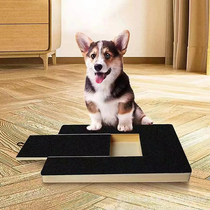 dog nail scratch pad with corgi puppy using wooden nail trimming board for easy pet nail filing
