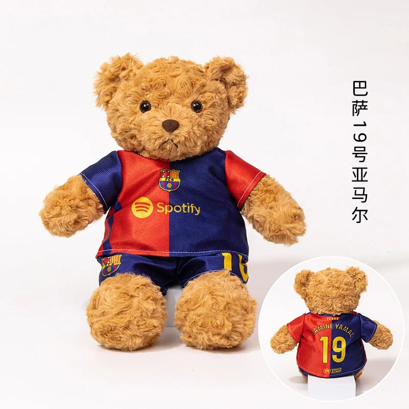 plush football player toy teddy bear in Barcelona Yamal 19 jersey, Yamal color, soft stuffed souvenir for children