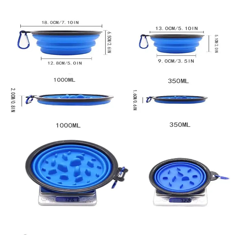 Foldable slow feeder bowl for dogs and cats, collapsible blue anti-choking pet bowl with size measurements