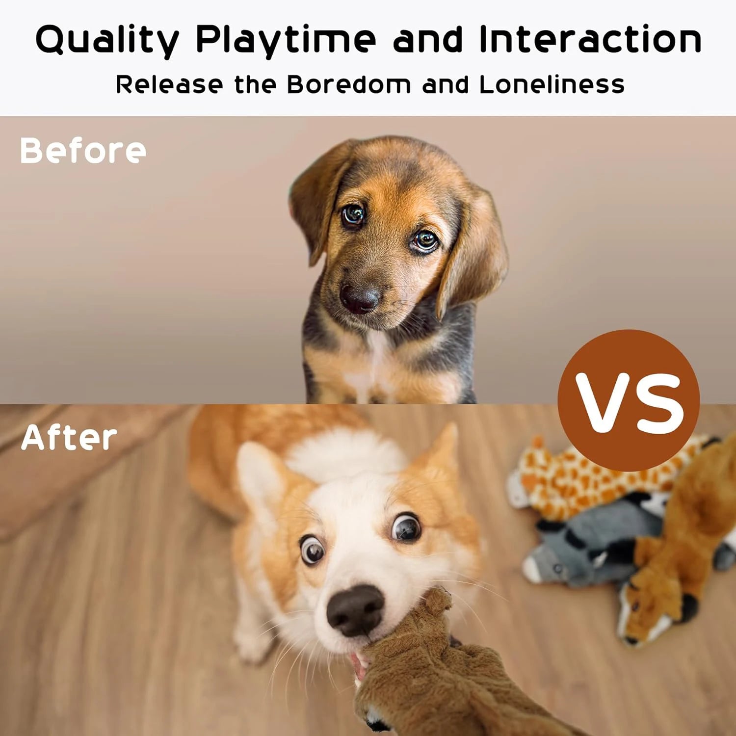No stuffing squeaky dog toys for small, medium, and large dogs with fox, giraffe, squirrel, cow, and donkey plush designs
