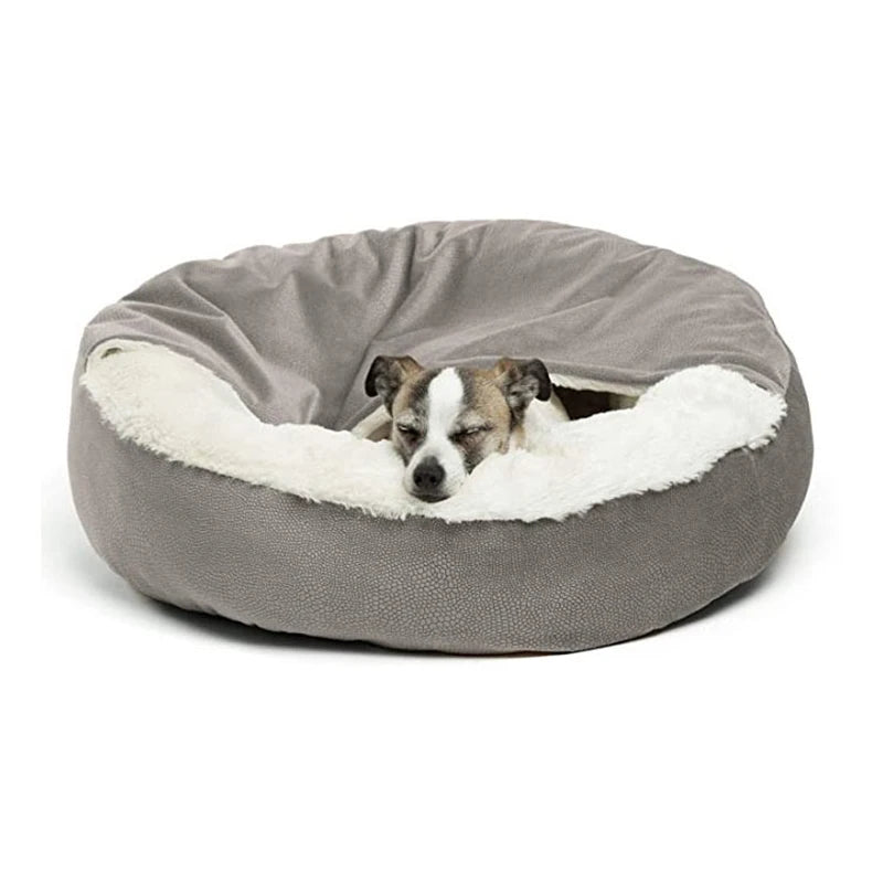 Orthopedic dog bed for small pets, cozy grey plush round pet sofa with warm mat for indoor comfort